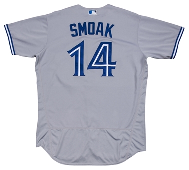 2017 Justin Smoak Game Used Toronto Blue Jays Road Jersey Used On 7/31 & 8/23 For Career Home Runs #136 & #140 (MLB Authenticated & MEARS A10)